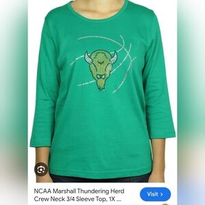 NCAA Marshall Thundering Herd Green Graphic 3/4 Sleeve Crew Neck Top. Size 1X